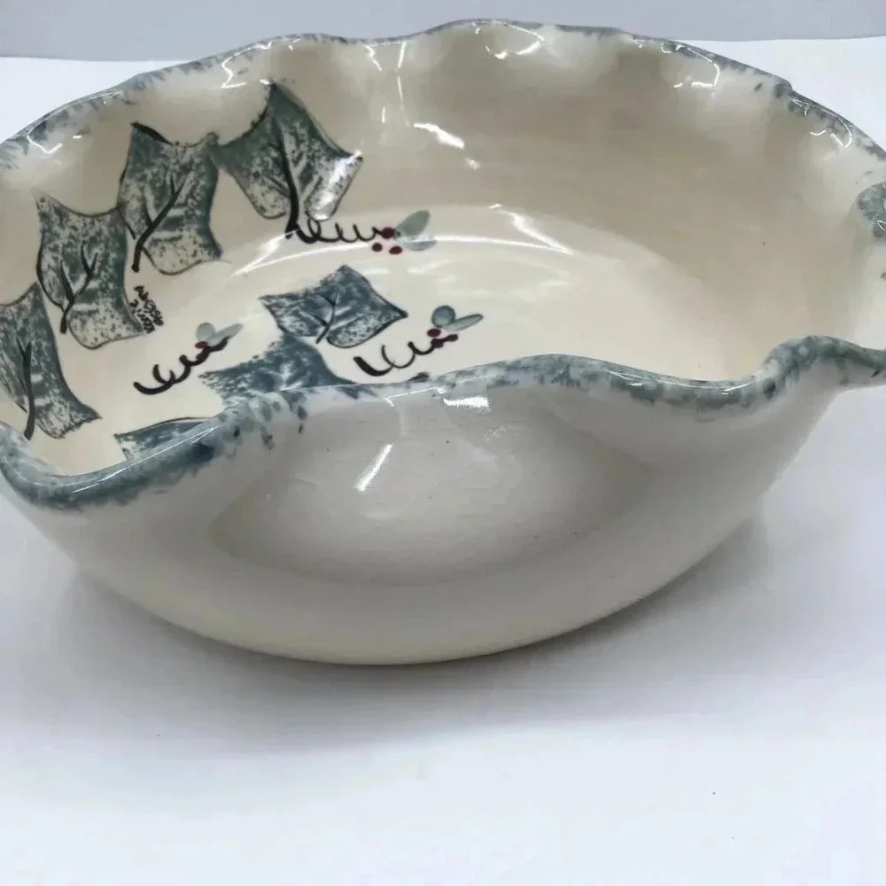 Vintage Abstract Studio Ceramic Ivy Holly Serving Bowl Artist Signed Green Red